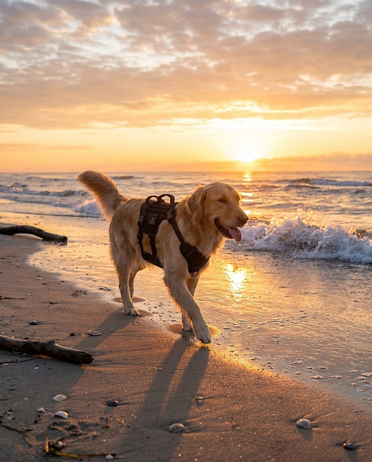 Golden retriever in the Hauloft harness on the beach