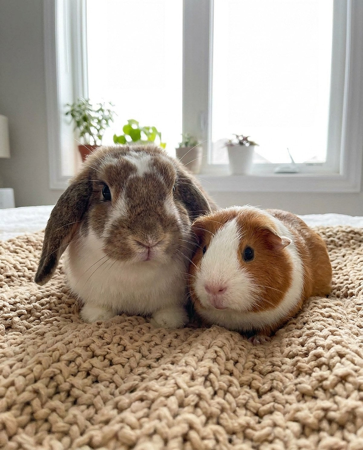 Rabbit and guinea pig on a knit blanket