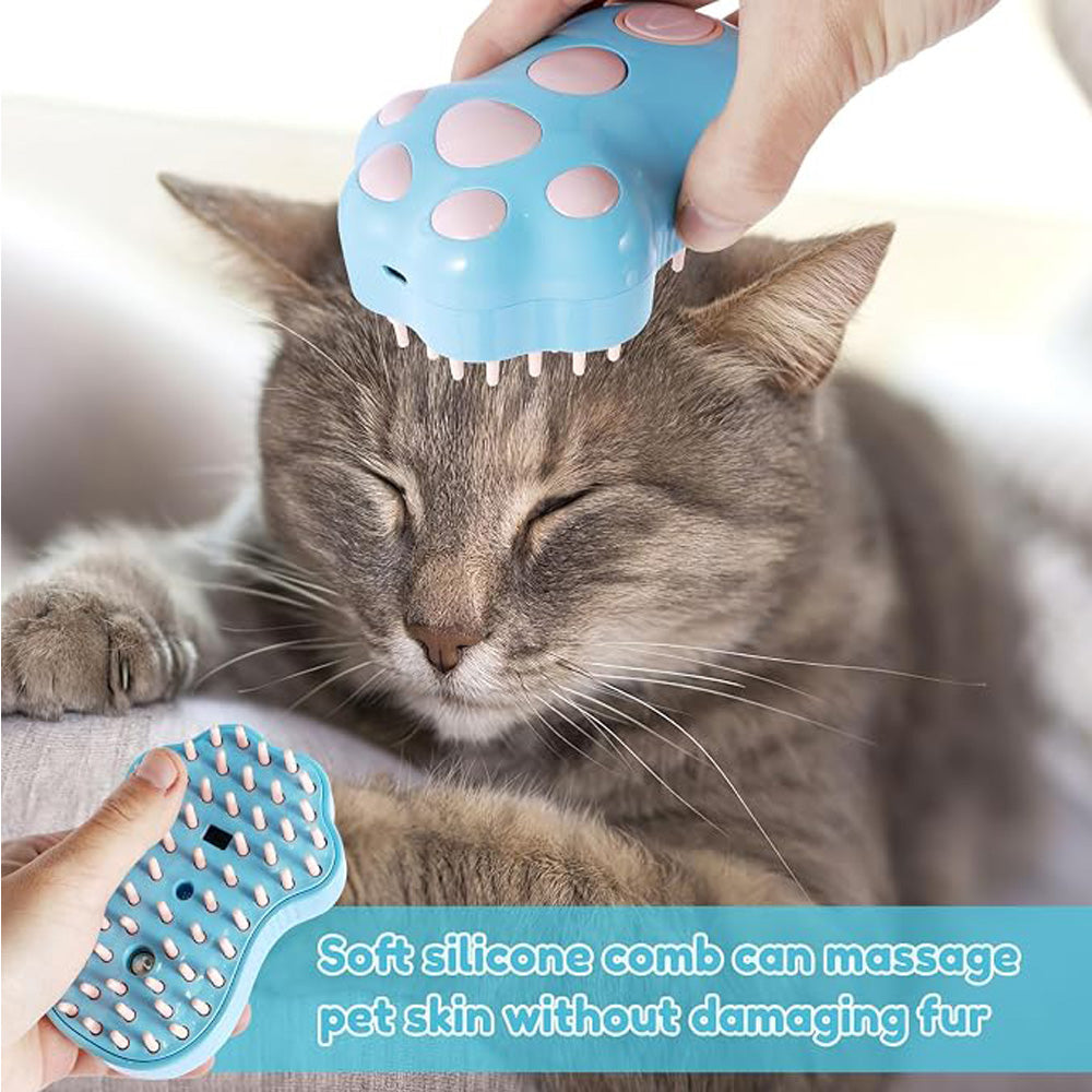 Brushing a gray cat with the Steam Pet Brush, soft silicone teeth underneath