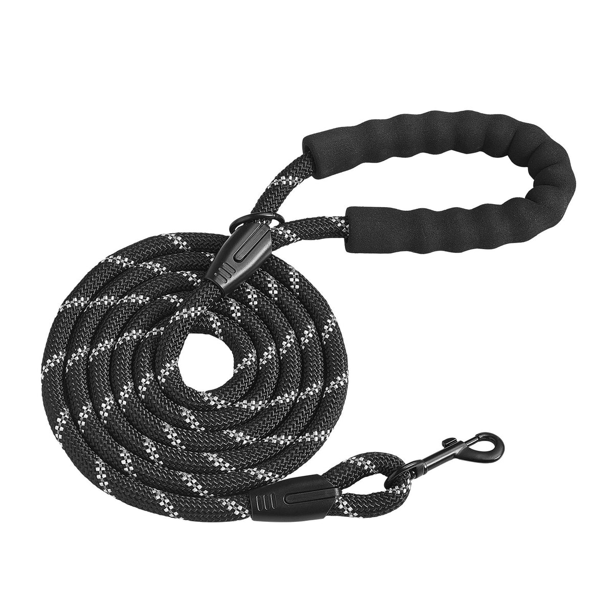6 ft black rope dog leash with reflective threads, foam-padded handle and swivel snap hook