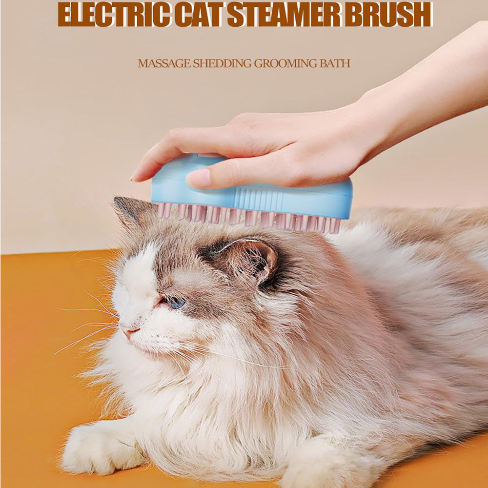 Hand brushing a long-haired cat with the Steam Pet Brush