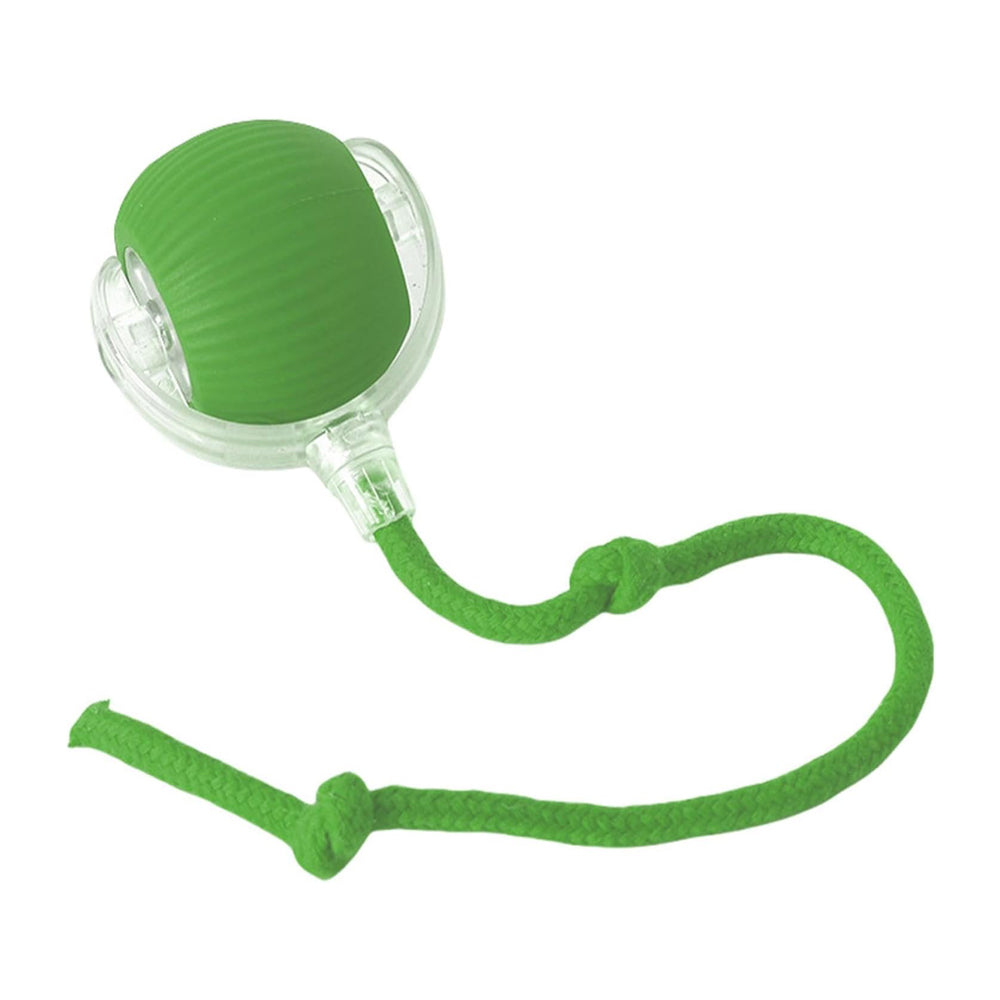 Green Hauloft rolling cat ball with its rope tail on a white background