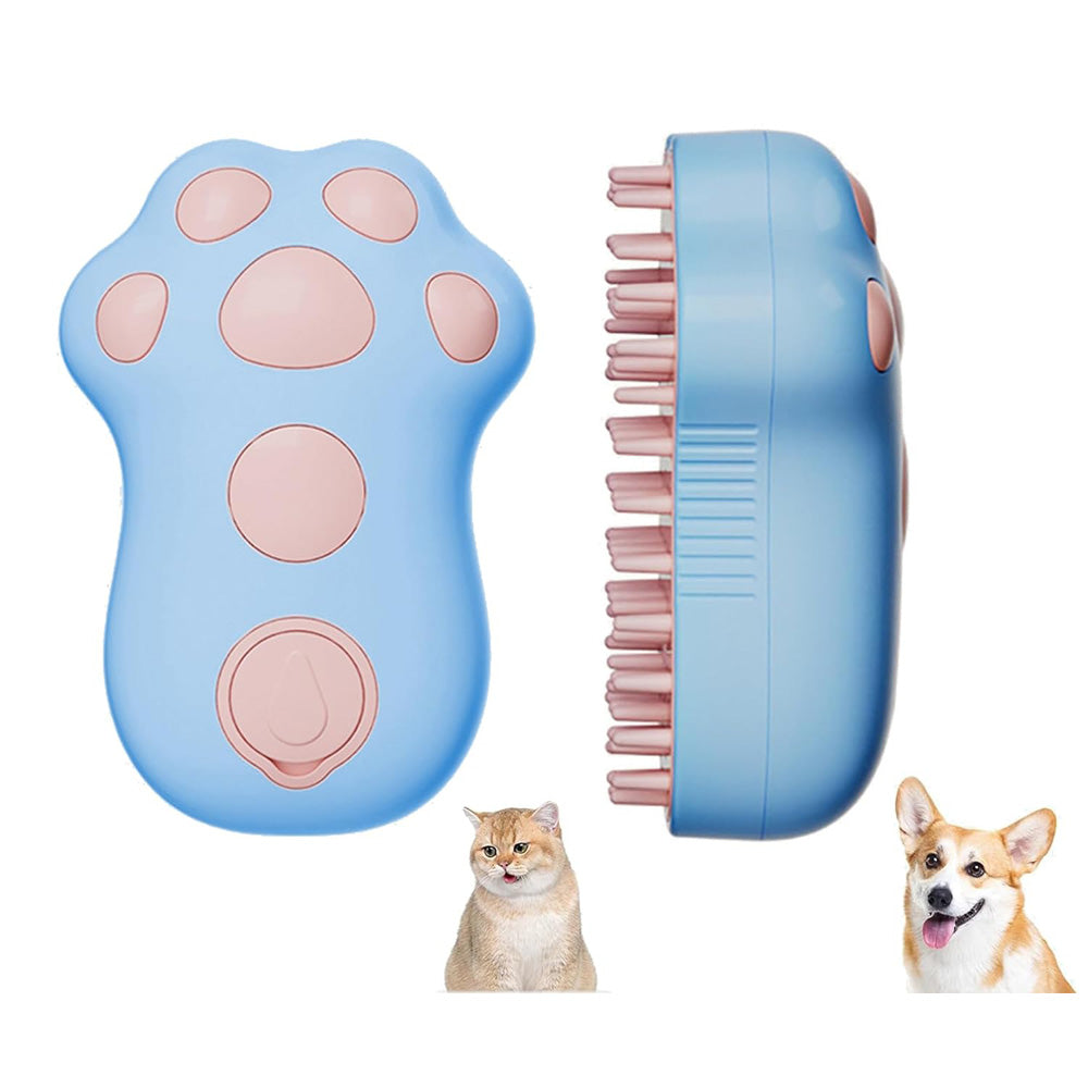 Hauloft Steam Pet Brush, blue paw-shaped body with pink pads, shown with a cat and a dog