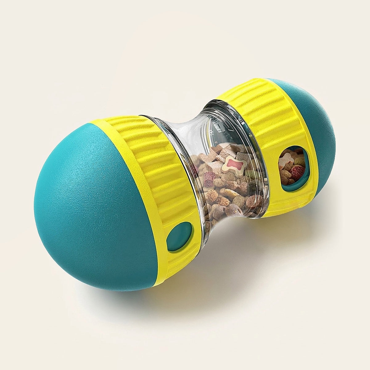 Hauloft treat puzzle ball, teal and yellow, on a plain background