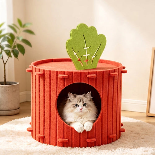 Cat inside the Hauloft carrot felt cave