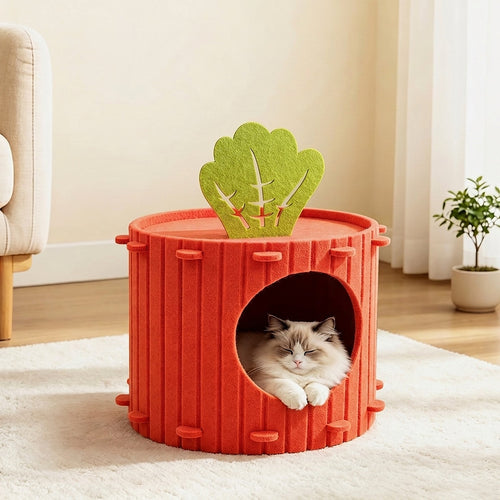 Carrot felt cat cave in a living room