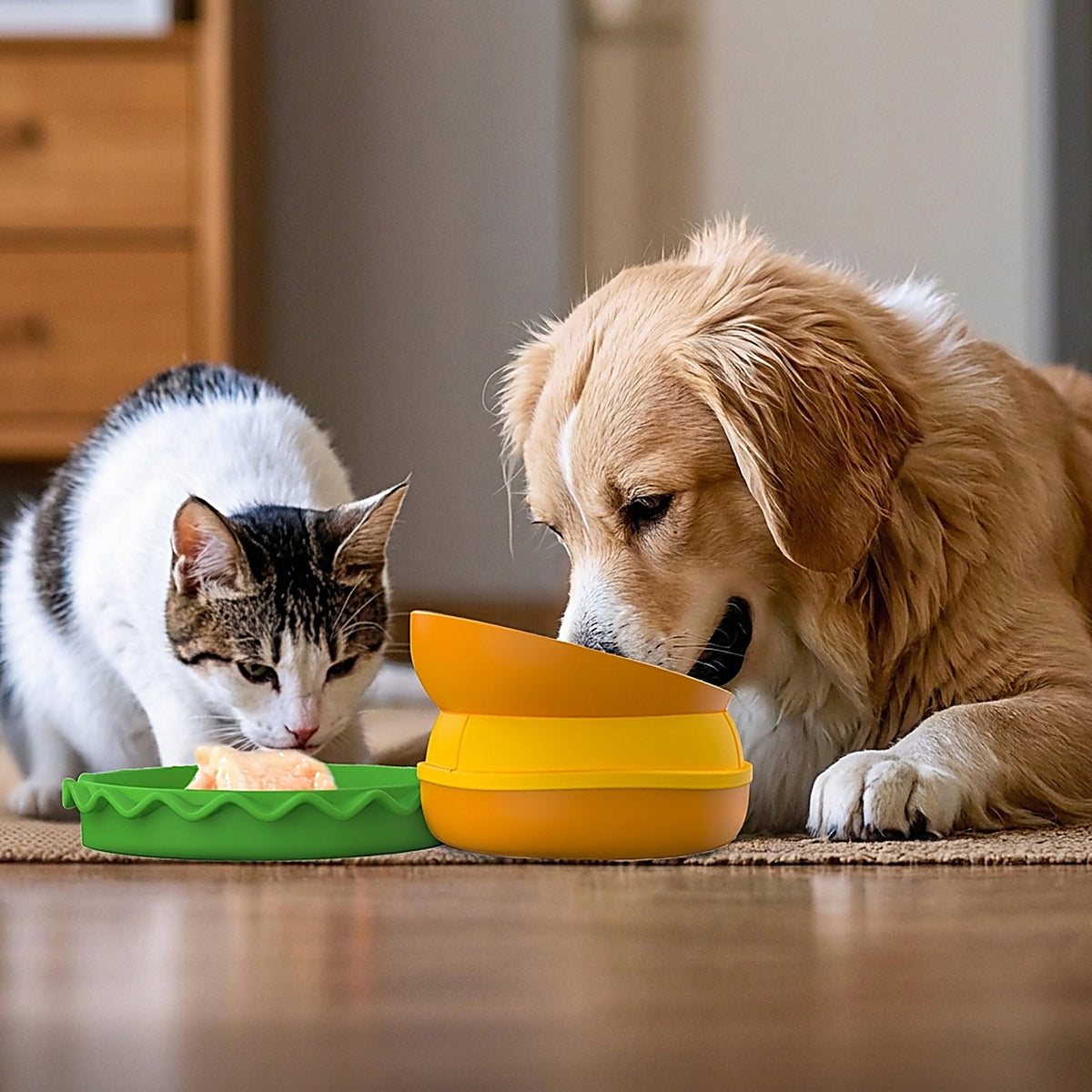 Cat and golden retriever eating from the hamburger slow feeder bowl set