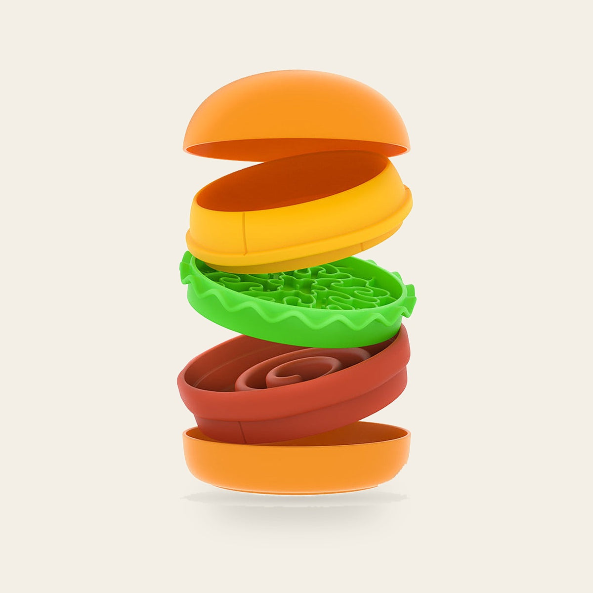 Hamburger Slow Feeder Bowl Set stacked on a plain sand background