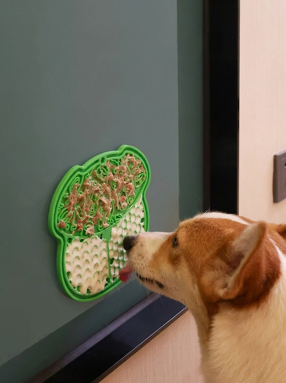 Dog licking the Hauloft lick mat suctioned to a wall