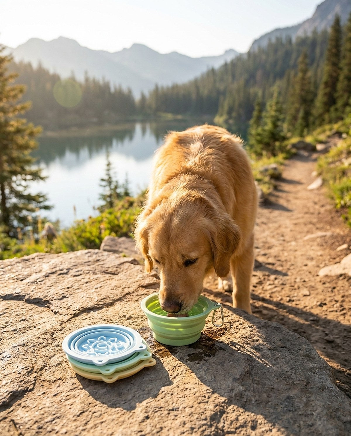 Golden retriever drinking from the Hauloft travel bowl on a trail (AI-composed scene, real product)