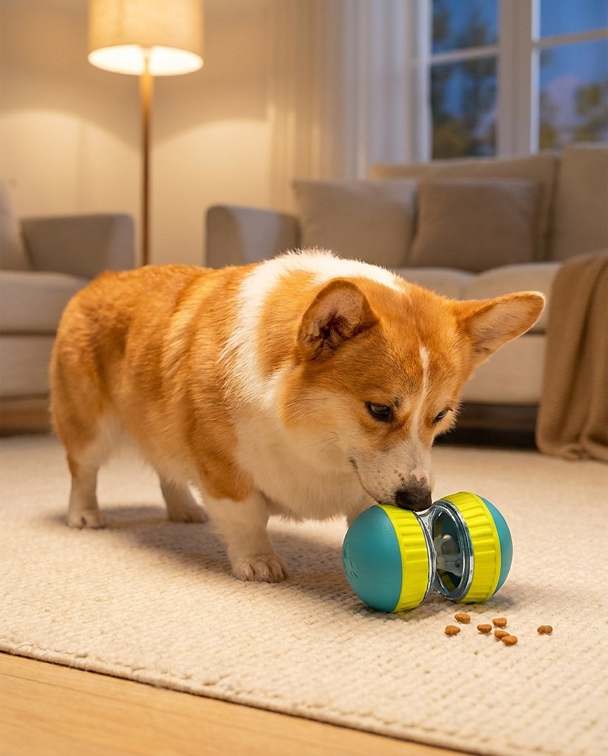 Corgi playing with the Hauloft treat puzzle ball (AI-composed scene, real product)