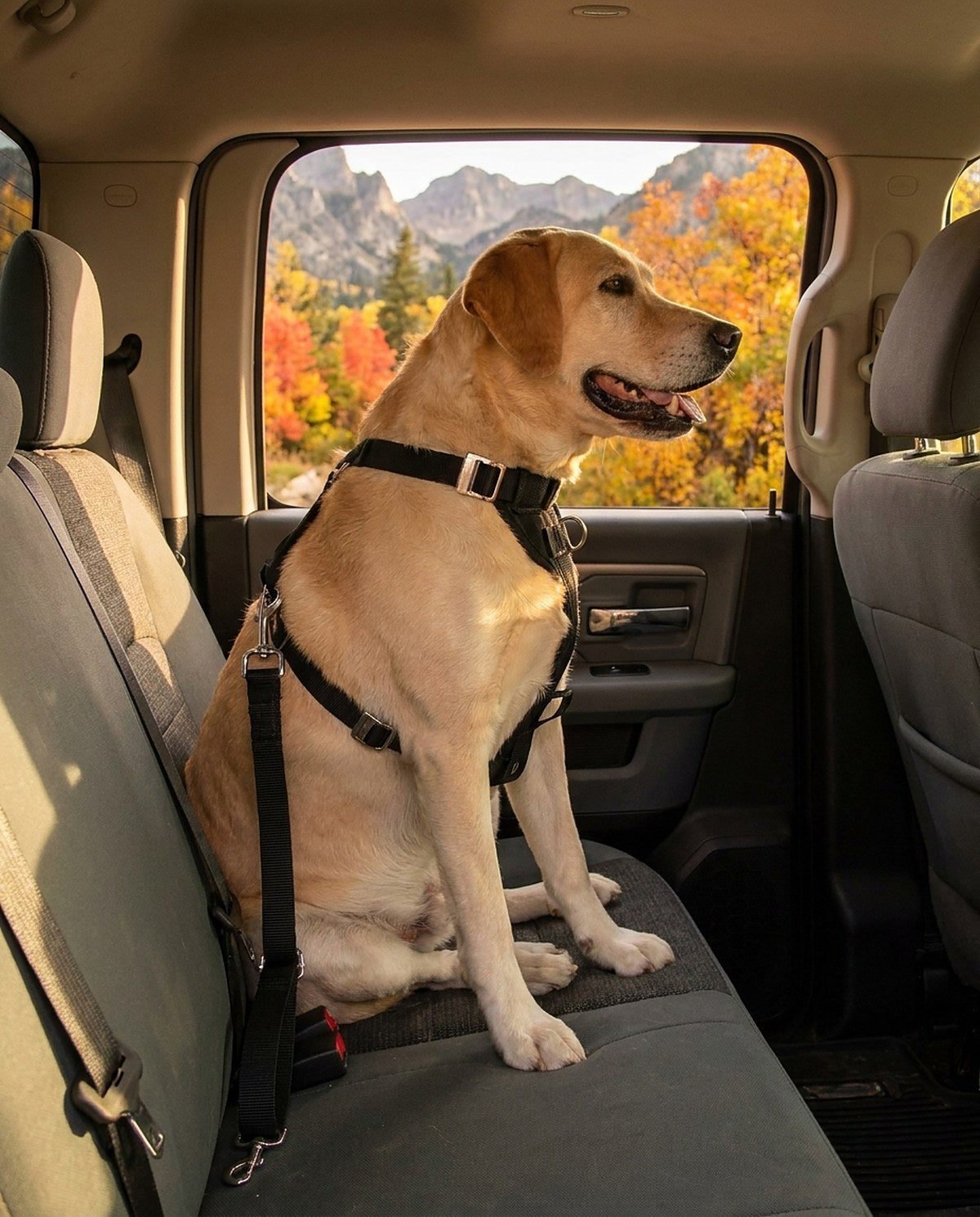 Labrador with the Hauloft seat belt in a pickup truck (AI-composed scene, real product)