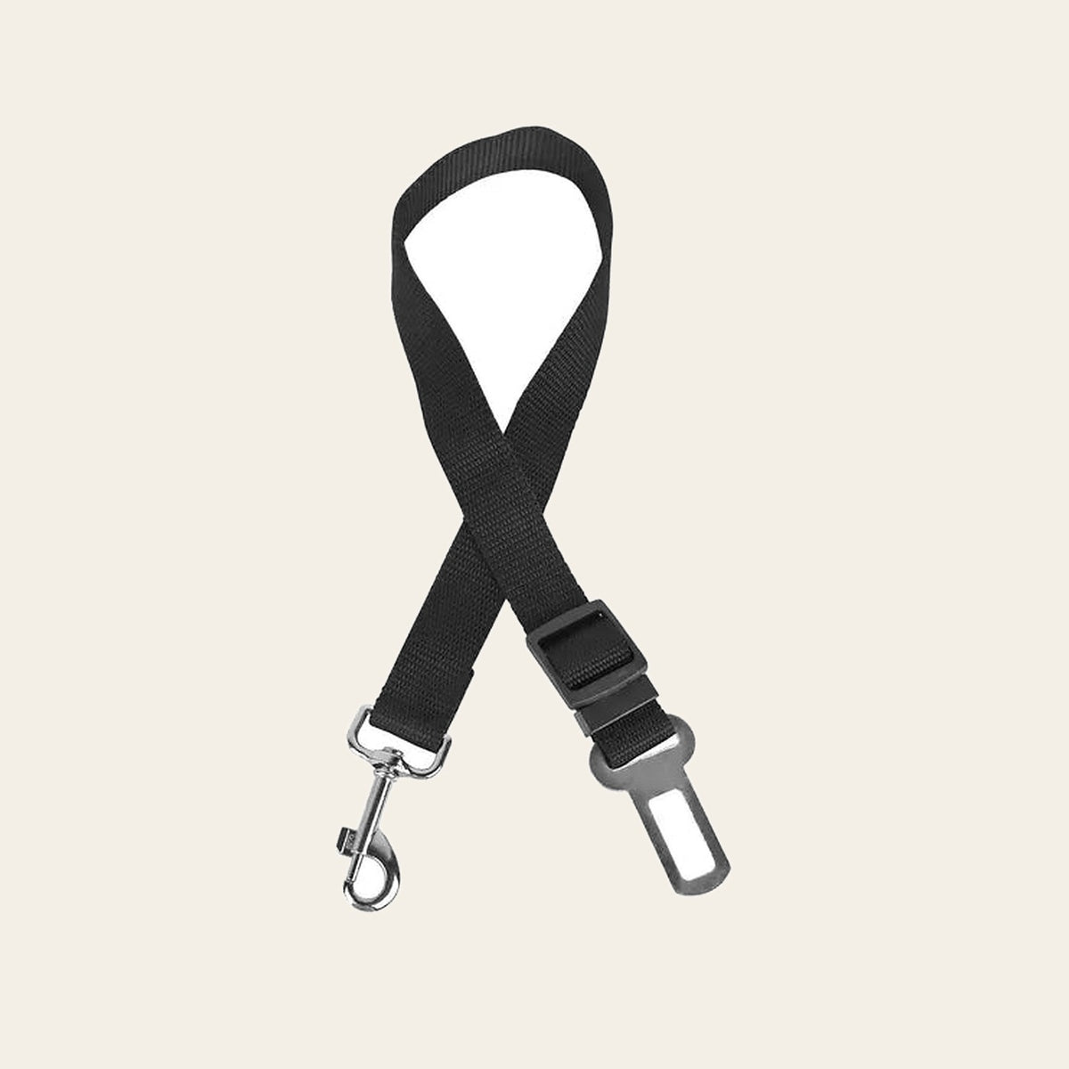 Dog seat belt with buckle tab and swivel clip on a plain sand background