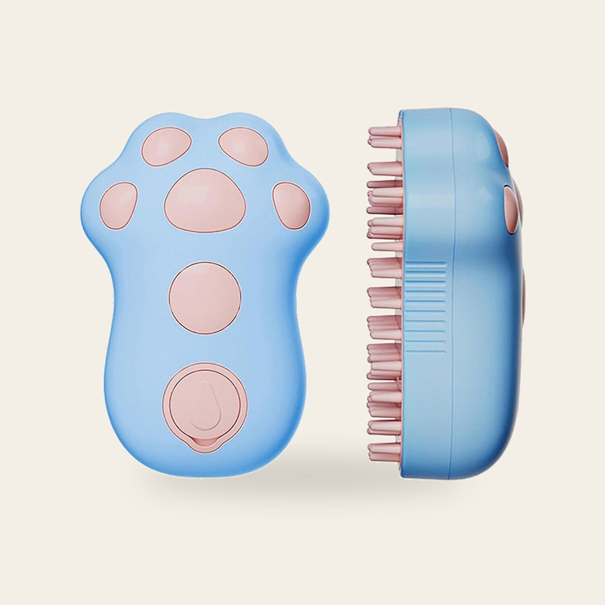 Blue paw-shaped steam pet brush, front and side views, on a plain sand background