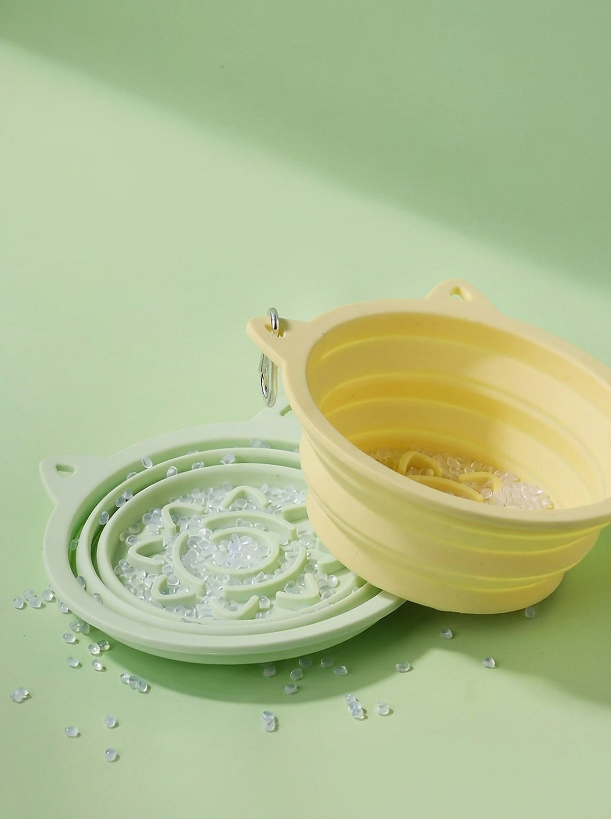Close-up of the flexible silicone Hauloft travel bowl, collapsed and open