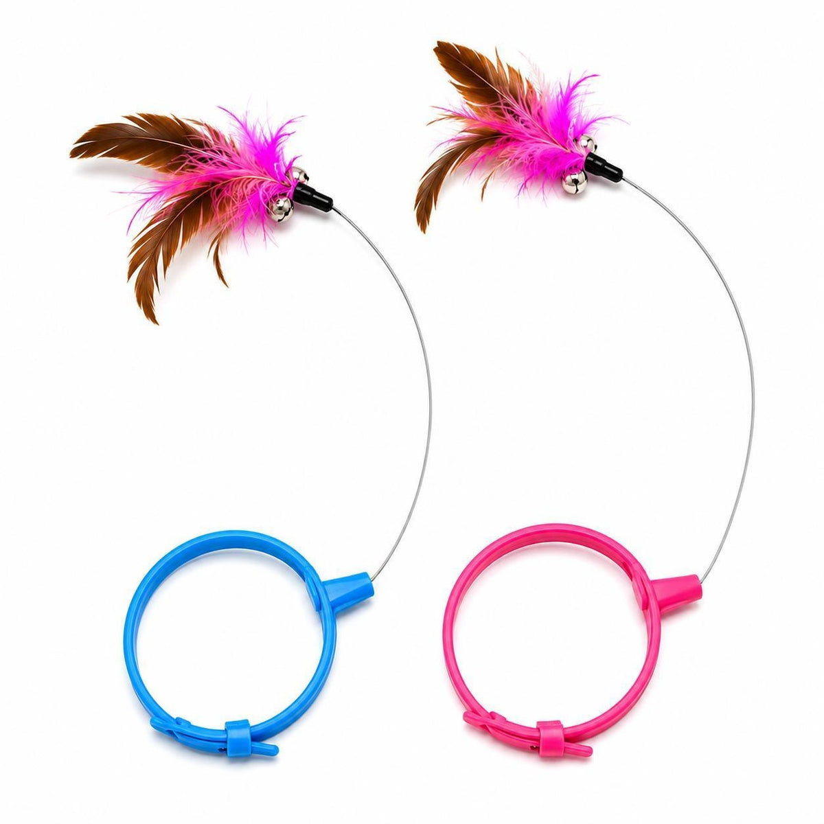 Hauloft feather cat toys in blue and pink with feathers on a wire