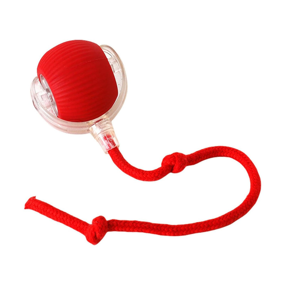Red Hauloft rolling cat ball with its rope tail on a white background