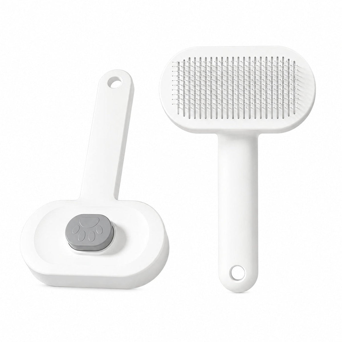 White Hauloft self-cleaning slicker brush, front and side views