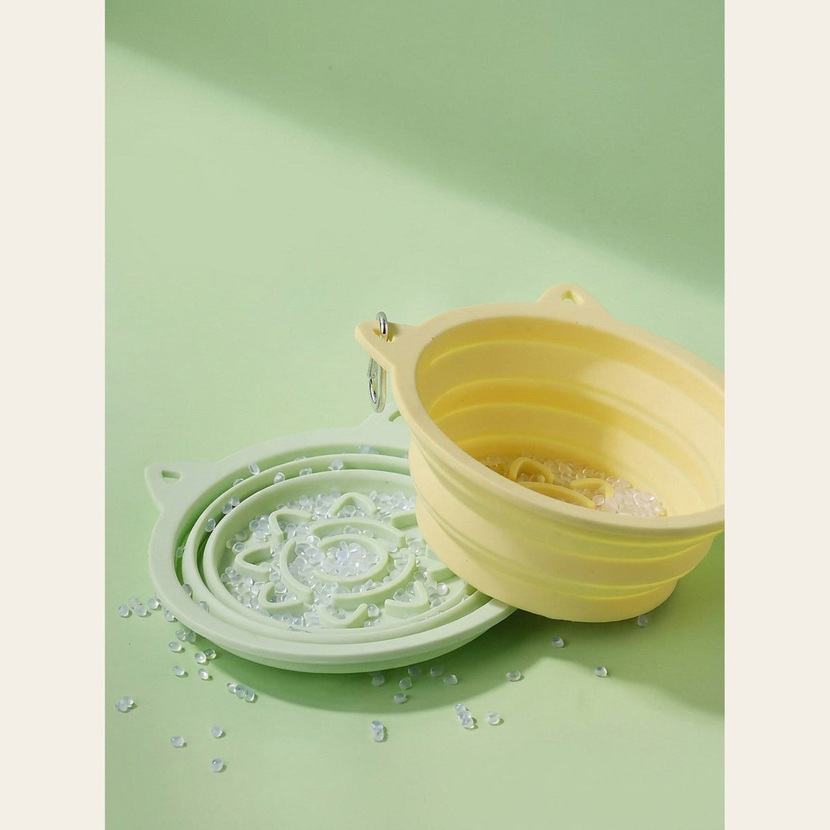 Close-up of the flexible silicone Hauloft travel bowl, collapsed and open