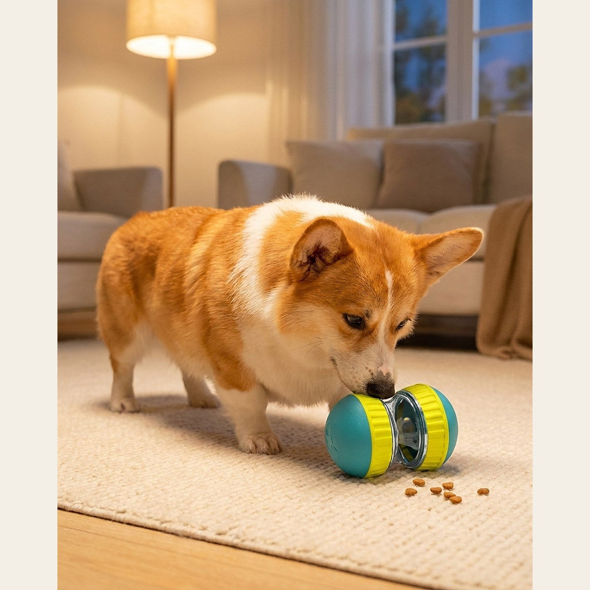 Corgi playing with the Hauloft treat puzzle ball (AI-composed scene, real product)